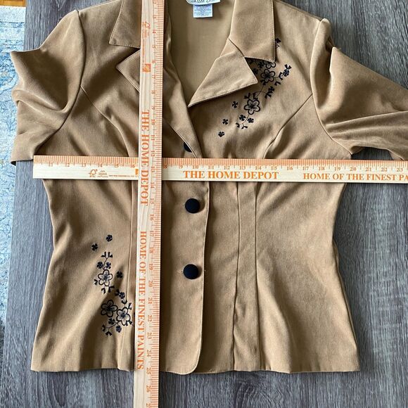 Lisa Jo Women's 14 Tan Black Floral Embroidered Faux Suede Lightweight Blazer - Picture 12 of 14